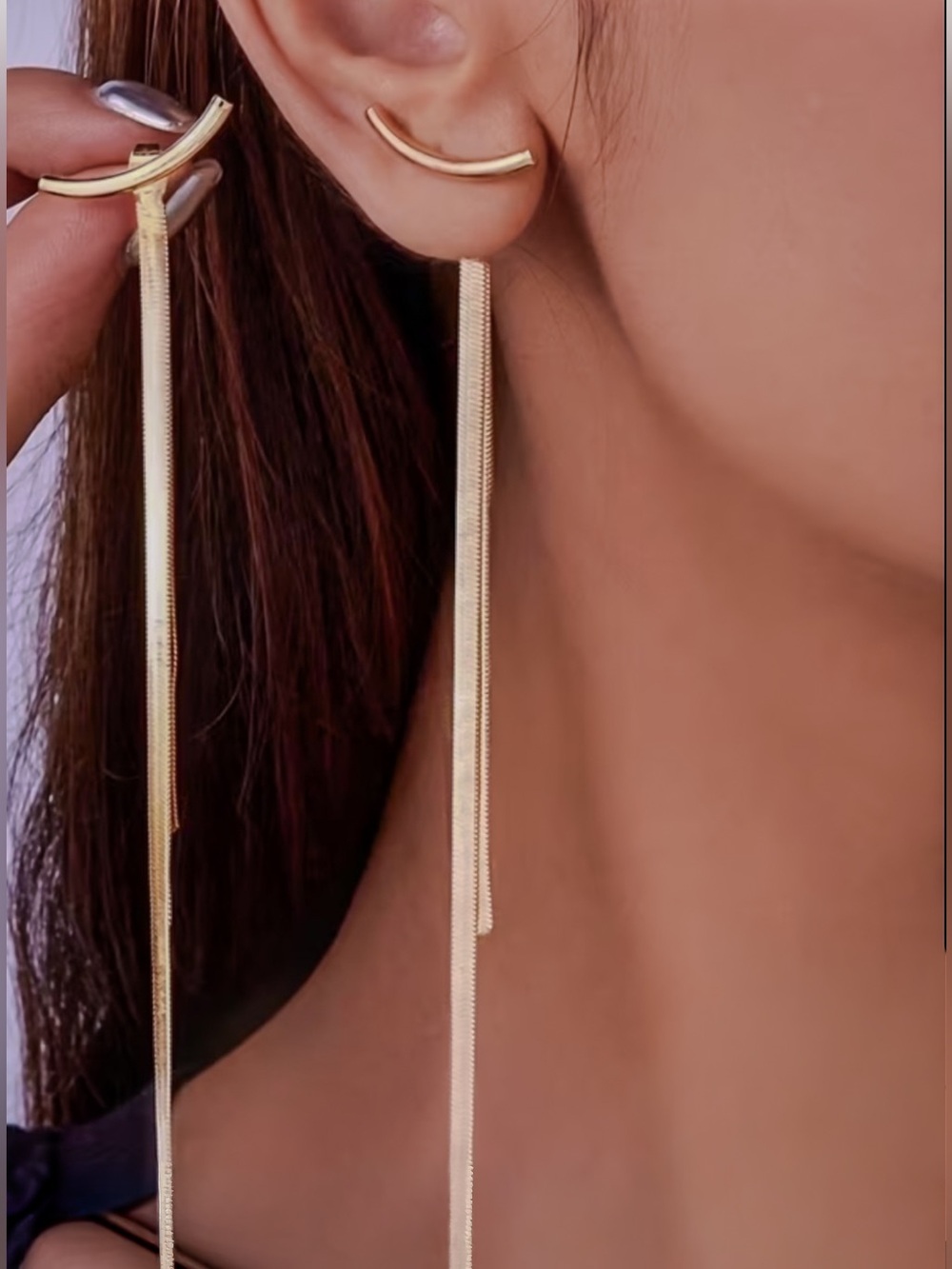 Gold Arc Herringbone Chain Tassel Drop Earrings Long Dangle Bar Hypoallergenic